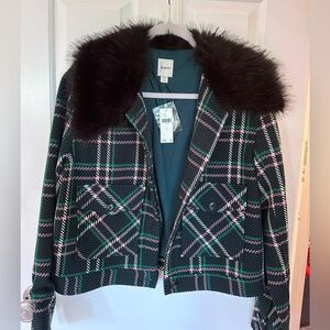 Maeve Plaid Crop Faux-Fur Collar Coat